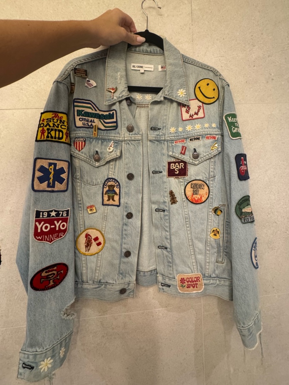 Re/Done Light Blue Embroidered Patch Denim Jacket
